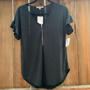 Black Zipper Blouse With Ruffle Sleeve